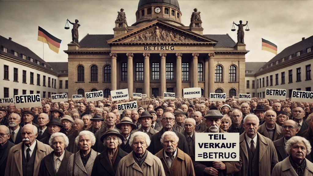 Gruppe älterer Menschen protestiert verzweifelt vor einem deutschen Gerichtsgebäude, weil sie vom Teilverkauf betrogen worden sind